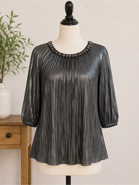 Ing Metallic Black Jewel-Trim Pleated Blouse